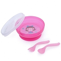 Картинка Canpol Миска на присоске с крышкой, вилкой и ложкой, 21/300, 9+ мес., розовая от магазина gnom.land