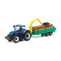 Картинка Bburago Трактор New Holland с прицепом, погрузчиком и бревнами от магазина gnom.land