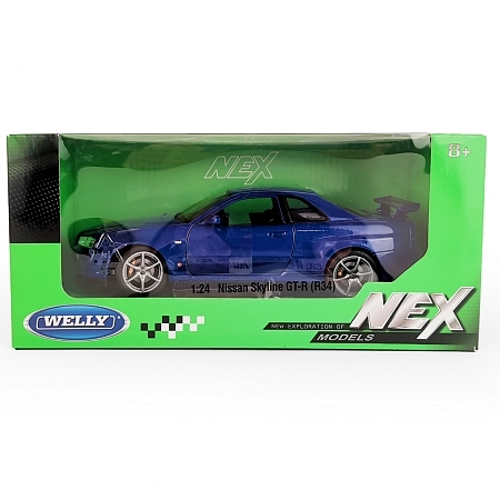 Картинка Welly Машинка металлическая 1:24 Nissan Skyline GT-R R34, синяя магазин gnom.land Картинка Welly Машинка металлическая 1:24 Nissan Skyline GT-R R34, синяя магазин gnom.land