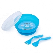 Картинка Canpol Миска на присоске с крышкой, с вилкой и ложкой, 21/300, 9+ мес., голубая от магазина gnom.land