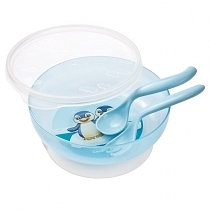 Картинка Canpol Миска на присоске с крышкой, вилкой и ложкой, 21/300, 9+ мес., голубая от магазина gnom.land