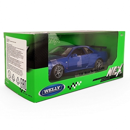 Картинка Welly Машинка металлическая 1:24 Nissan Skyline GT-R R34, синяя магазин gnom.land Картинка Welly Машинка металлическая 1:24 Nissan Skyline GT-R R34, синяя магазин gnom.land