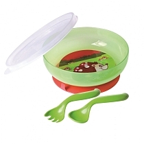 Картинка Миска на присоске с крышкой, вилкой и ложкой Canpol, 21/300, 9+ мес., зеленая от магазина gnom.land