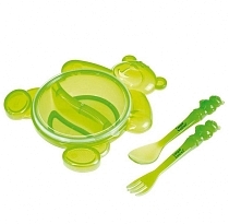 Картинка Canpol Тарелка с крышкой, вилкой и ложкой Медвежонок, 2/422, 6+ мес., зеленая от магазина gnom.land